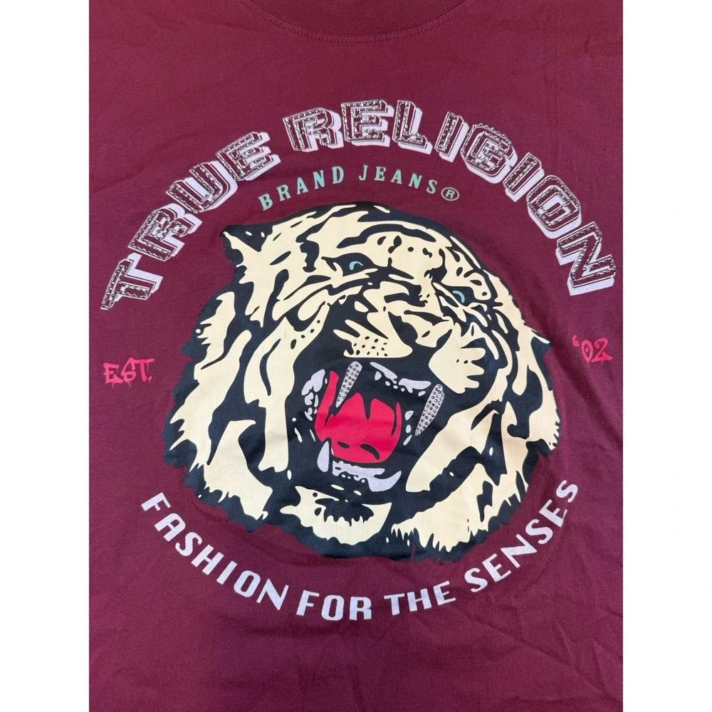 True Religion Shirt Mens 2XL‎ Burgundy Tiger Graphic Fashion For The Senses